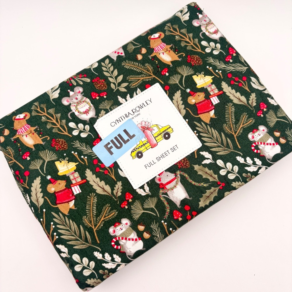 Cynthia Rowley Full Sheet Set Microfiber Holiday Mice Christmas Tree‎ Whimsical